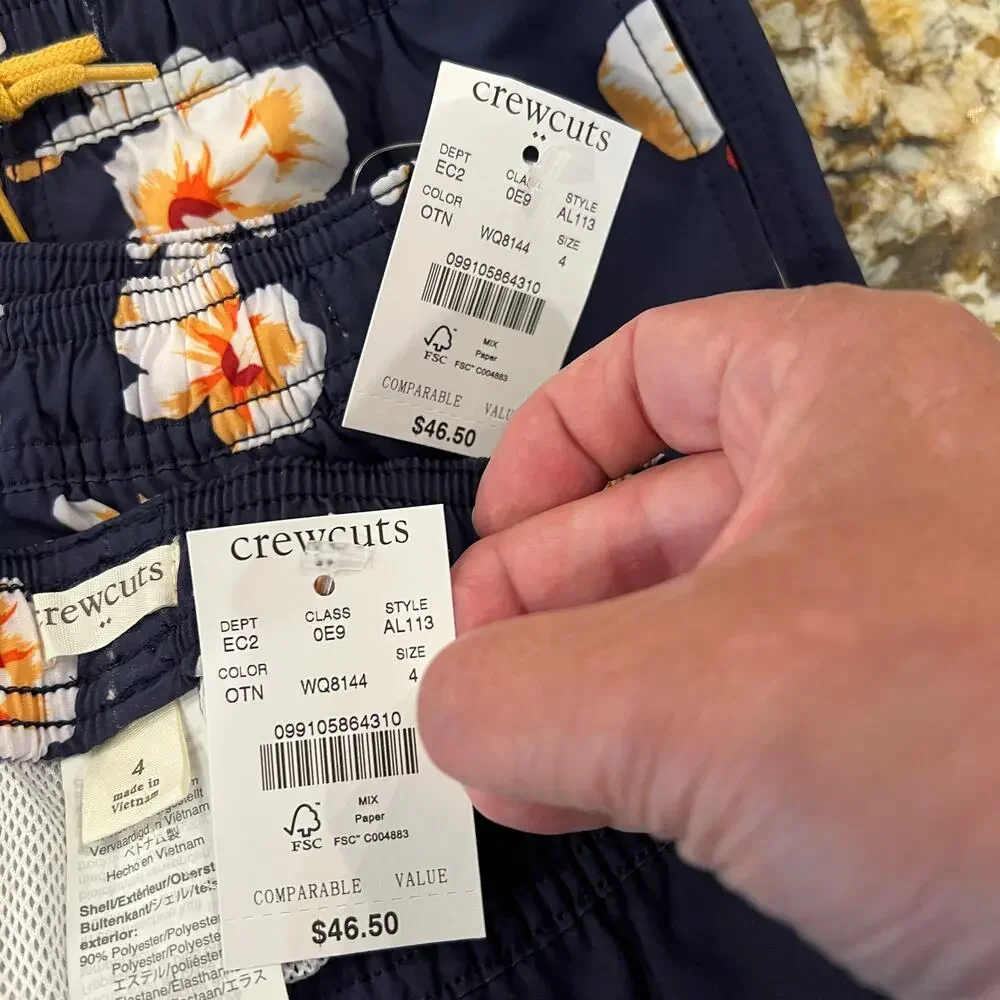 NWT J. Crew Boys' Navy W/ Gold & White Tropical Floral Swim Trunk